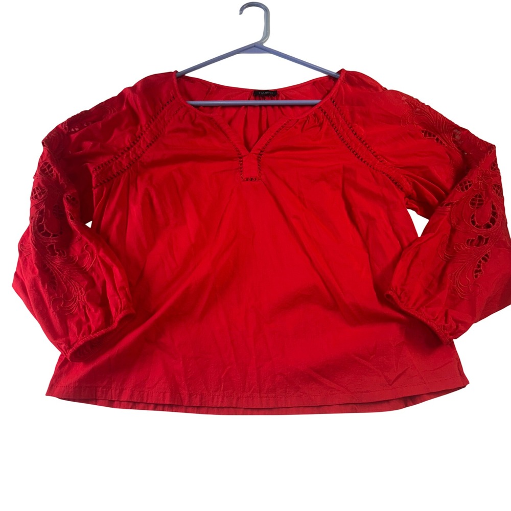 Talbots Red Eyelet Embroidered Sleeve Peasant Blouse Split V-Neck Top Large